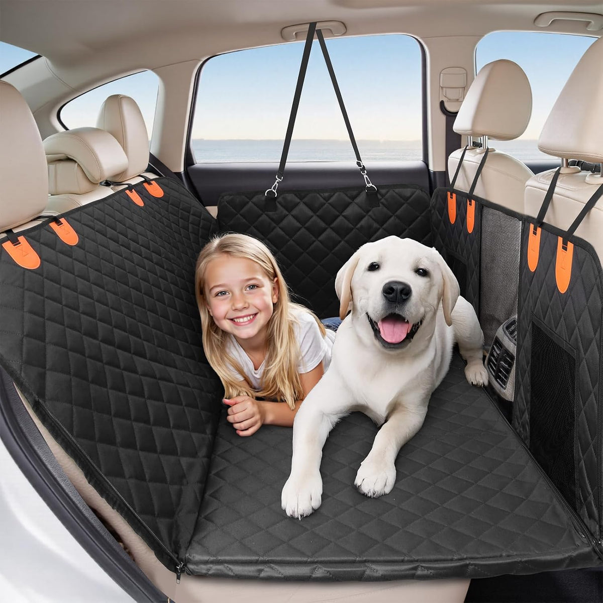 Pet Car Seat Cover with 3 Separate Hard Bottom Plates, Ideal for Car/Suv/Small Trucks, Back Seat Extender for Dogs Holds 400Lbs, Black