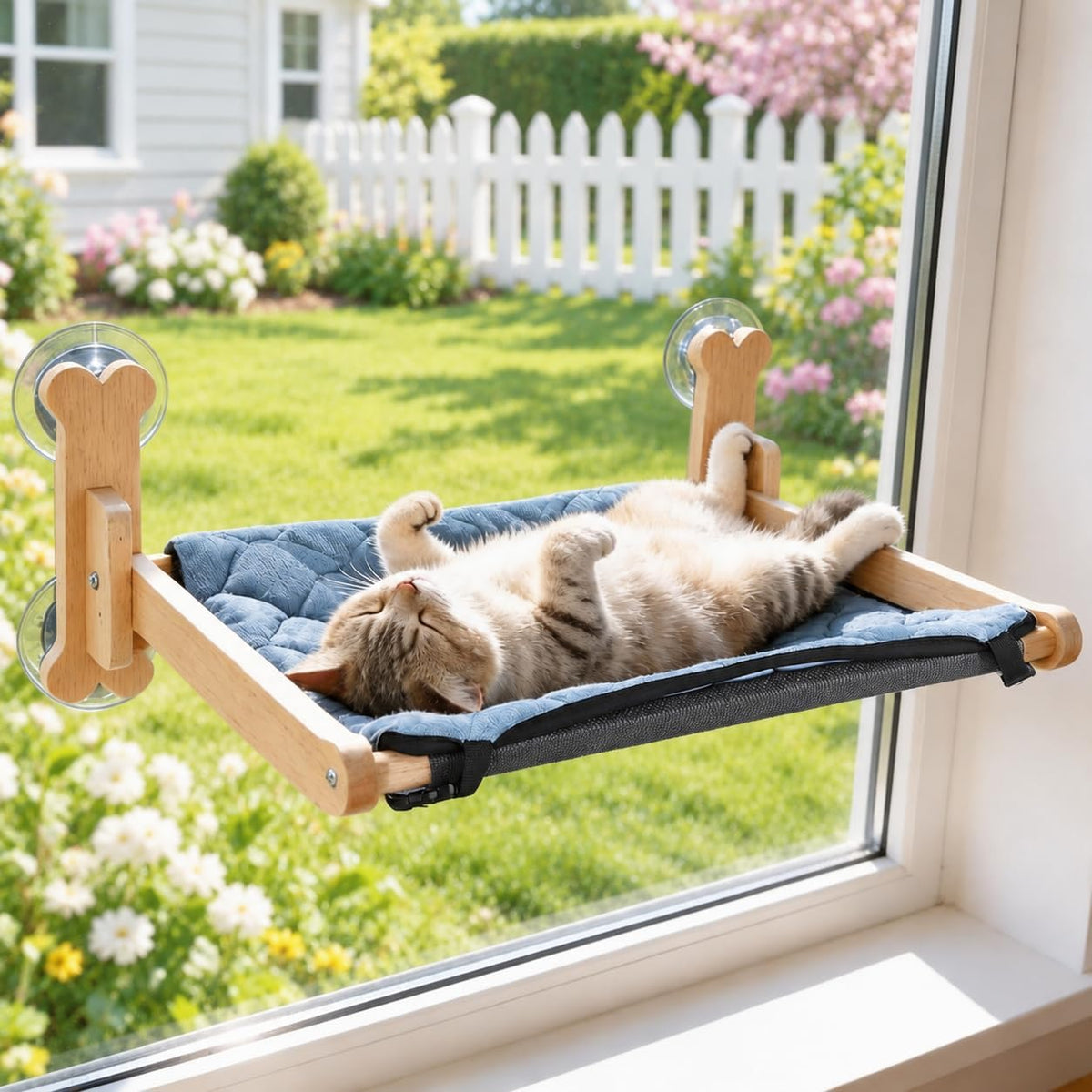 Cat Window Perch, Cooling Window Cat Bed with Cooling Mat, Foldable Pet Perch Hammock with Sturdy Wooden Frame & Large Suction Cup, with Soft Flannel Plush Backing for All-Season Use