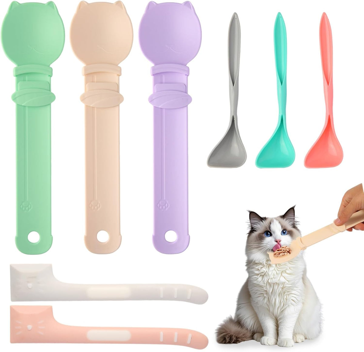 Cat Treat Dispenser Cat Treat Spoon Squeeze 8PCS Lickable Cat Holder with Cat Strip Feeder Spoon and Temptations Licky Treats Happy Cat Tube and Squeeze up Cat Food Spoons for Wet Food (Cat Head)
